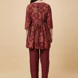 Globus Maroon Ethnic Motifs Printed Regular Thread Work A-Line Kurta with Trousers image 5