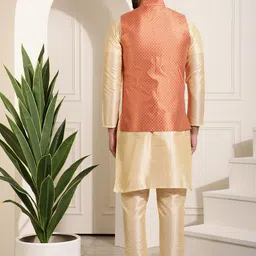 SOJANYA Mandarin Collar Kurta With Churidar & Self Design Nehru Jacket image 5