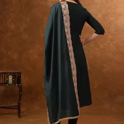 Anouk Green Round Neck A-Line Thread Work Kurta With Churidar & Dupatta image 5