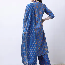 Vishudh Blue & Brown Floral Printed Kurta With Palazzos & Dupatta image 5