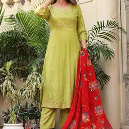 SINGNI Ethnic Motifs Printed Thread Work Panelled A-Line Kurta With Trousers & Dupatta image 5