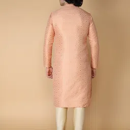 NAMASKAR Men Peach-Coloured Regular Pure Silk Kurta with Churidar image 4