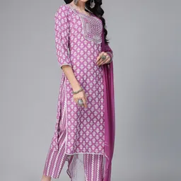 Stylum Floral Printed Mirror Work Regular Kurta With Trousers & Dupatta image 3