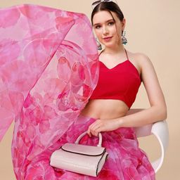 Sangria Pink & White Floral Printed Organza Saree-image-21