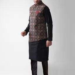 KISAH Men Mandarin Collar Straight Kurta & Trousers with Nehru Jacket Set image 3