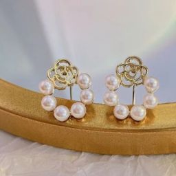 WHITE PEARL GOLDEN ROSE TINY MINI CUTE SMALL EARRING BY KOREAN FASHION Pearl Ivory, Alloy Earring Set-image-30