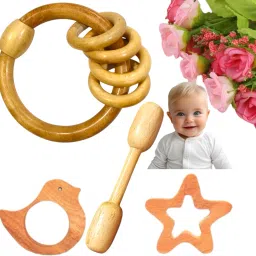 Natural Neem Wood Ring Inside Ring Rattle with 3 other teething toys shape Rattle-5