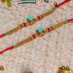 Designer peacock multicolour rakhi Mauli Thread Chawal Roli Pack Set-image-3