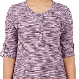 Women Self Design Henley Neck Pure Cotton Maroon T-Shirt-image-22