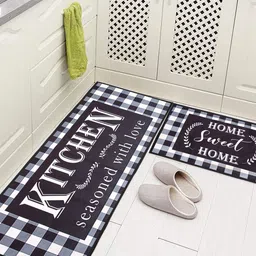 AAZEEM White & Black 2 Pieces Checked Anti-Skid Floor Mat & Runner-2