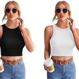 houseofcommon Pack of 2 Casual Sleeveless Solid Women White, Black Top-picture-6