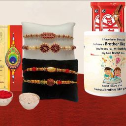Designer Rakhi Gift for Brother, Rakhi Set of 4 with Mug, Chocolate Gift Combo Mauli Thread Mug, Greeting Card Set-image-8