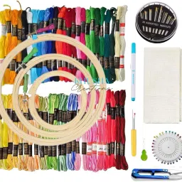 Embroidery Kit for Beginners/3 Wooden Hoops,50 Threads,Cloth, Complete Tool Set-1