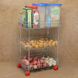 Premium 3 Tier Rolling Kitchen Trolley vegetable/ fruit storage basket trolley Stainless Steel Kitchen Trolley-picture-17
