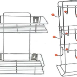 Containers Kitchen Rack Multipurpose Storage Rack/Shelf, Double Layer Kitchen Rack, Bathroom Shelves and Racks Steel, Wall Mounted Organiser for Home/ Spice Bottle Shelf Holder Platform Cabinet (2Layer) With Cup Stand Steel-image-70