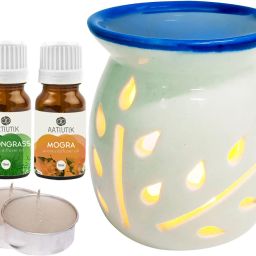 Mogra Aroma Oil with Ceramic Tlight Air Freshener Home Fragrance Aroma, Lemongrass Diffuser Set-21