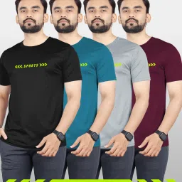 Pack of 4 Men Self Design Round Neck Polyester Multicolor T-Shirt-image-90