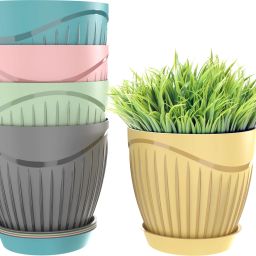 5 Pack Round Flower Pots Outdoor Indoor Planters with Drainage Hole and Tray Plastic Vase-image-38