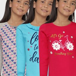 Eteenz Girls Pack of 3 Printed Pure Cotton T-shirts-image-26