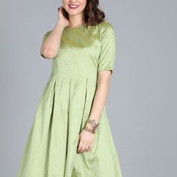 Ethnovog Women Green Woven Design Made To Measure Fit and Flare Dress-41