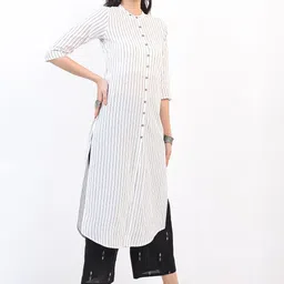 Vishudh Women Off White & Black Striped Cotton Kurta-picture-32