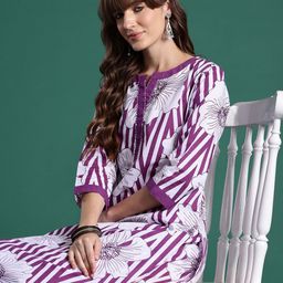 Indo Era Floral Printed Regular Sequinned Pure Cotton Kurta with Trousers-26
