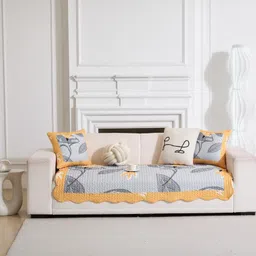HomeCloud Yellow & Grey Printed 4-Seater Cotton Sofa Cover-image-78