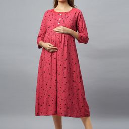 Mammas Maternity Women Floral Printed Maternity Fit-Flare Midi Dress-image-21