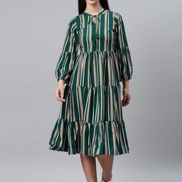 plusS Women Green & White Striped Midi Tiered A-Line Dress-picture-14