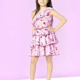 Naughty Ninos Pink & White Floral One Shoulder Crepe Dress-23