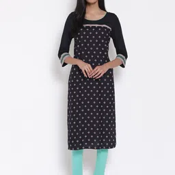 AURELIA Women Black Floral Printed Thread Work LIVA Kurta-picture-10