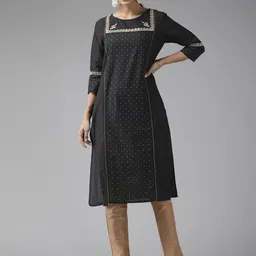 W Women Black Ethnic Motifs Yoke Design Thread Work Kurta-11