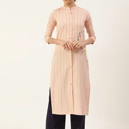 VAABA Women Peach-Coloured Woven Design Mirror Work Kurta-image-95