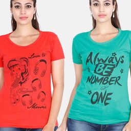 Fleximaa Women Teal & Red Pack Of 2 Printed Cotton T-shirt-image-30