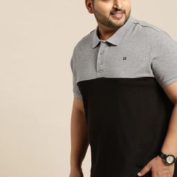 Sztori Plus Size Men Black  Grey Melange Colourblocked Polo Collar T-shirt-18
