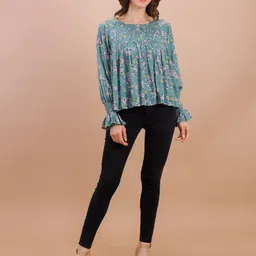 Garvili Women Jewel Neck lSapphire Blue Long Top-image-43