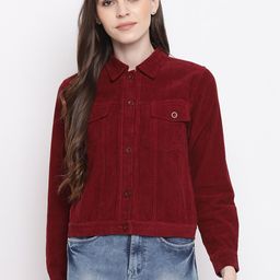 Mayra Women Maroon Solid Tailored Crop Jacket-image-11