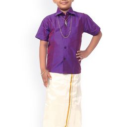 Thala-thalapathy Boys Purple & Cream-Coloured Solid Shirt and Veshti With A Gift Set-image-6