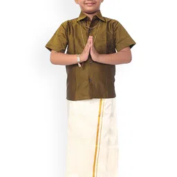 Thangamagan Boys Olive Brown & White Solid Shirt with Veshti & Towel With Gift Set-18