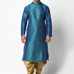 DEYANN Men Blue & Gold-Toned Self Design Kurta with Dhoti Pants-image-17