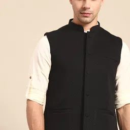 Anouk Men Black Self-Design Nehru Jacket-4
