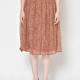 Cation Women Brown & Pink Floral Printed Flared Skirt-image-69