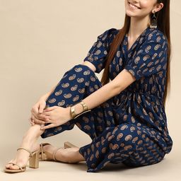 Anouk Women Navy Blue & Golden Ethnic Motifs Printed Basic Jumpsuit-picture-26