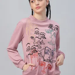 Athena Women Nude-Coloured & Black Printed Sweatshirt-image-39