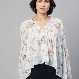 Cottinfab Blue & Off White Floral Print High-Low Top-image-3