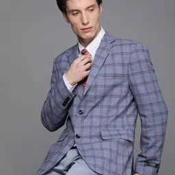 Theme Men Blue Checked Regular Fit Single Breasted Blazers-image-24