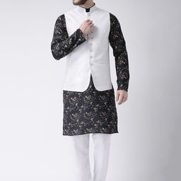 Hangup Men Black & White Printed Kurta with Pyjamas & Nehru Jacket-1