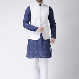 Hangup Men Navy Blue & White Printed Kurta with Pyjamas & Nehru Jacket-picture-12