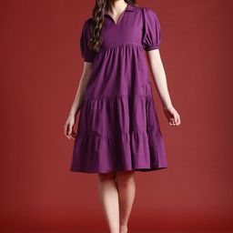 all about you Cotton Puff Sleeves Tiered A-Line Dress-image-26