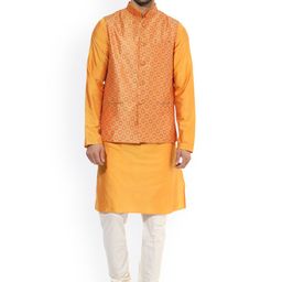 KISAH Men Yellow & Cream-Coloured Self-Design Kurta with Churidar & Nehru Jacket-58